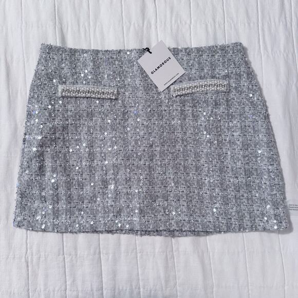 Glamorous Silver Tweed Sequin Mini Skirt Women’s LARGE. Holiday.‎ NWT. $89 MSRP - Picture 3 of 10